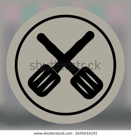 Black silhouette of two crossed kitchen spatulas inside a circle on a beige background, symbolizing cooking utensils or culinary tools in minimal style.