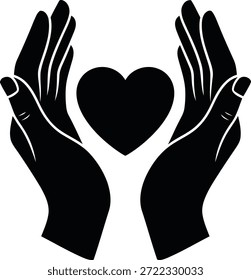A black silhouette of two cupped hands forming a protective enclosure around a solid black heart shape against a white background.