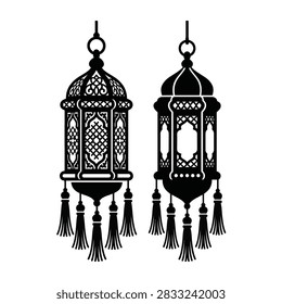 A black silhouette of two decorative Islamic lanterns, featuring intricate patterns and hanging tassels.