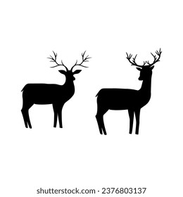 Black silhouette of two deer. New Year card. Fashion graphic design flat element. Monochrome template for prints, card, poster. Vector illustration.