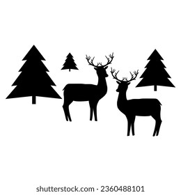 Black silhouette of two deer and trees. New Year card. Fashion graphic design flat element. Monochrome template for prints, card, poster. Vector illustration.