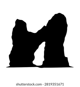 Black silhouette of two distinct rock formations touching against a white background, emphasizing natural geological shapes and formations.
