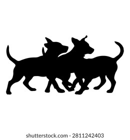 Black silhouette of two dogs interacting playfully against a white background, capturing a lively and joyful moment of canine companionship.