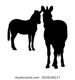 Black silhouette of two donkeys standing close together, facing each other, on a plain background, emphasizing their shapes and features.