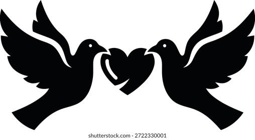 Uma silhueta preta de duas pombas viradas uma para a outra, com seus bicos tocando uma forma de coração. Suas asas estão abertas.