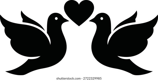 Una silueta negra de dos palomas en vuelo, sus cabezas giradas una hacia la otra, con sus alas formando una forma de corazón por encima de ellas.