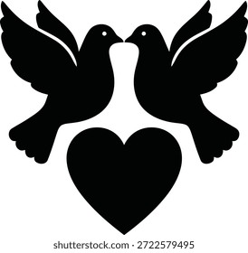 Uma silhueta preta de duas pombas com asas estendidas, com seus bicos tocando em um beijo, posicionado acima de uma forma sólida de coração preto.