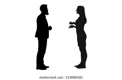 Black Silhouette Of Two Employees Arguing, Businessman And Businesswoman Conversation 