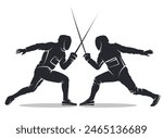 Black silhouette of two fencers engaged in a sword fight isolated on white background. Fencers dueling with swords in a dramatic battle. Fencing sport championship design element