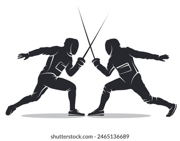 Black silhouette of two fencers engaged in a sword fight isolated on white background. Fencers dueling with swords in a dramatic battle. Fencing sport championship design element