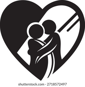 Schwarze Silhouette von zwei Figuren umarmt in einer Herzform mit weißen negativen Raum Liebe Umarmung