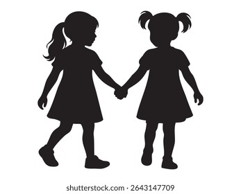 Black silhouette of two girls walking hand in hand, isolated on white background, graphic illustration. concept of friendship, childhood, companionship, kids, walking children, best friends.