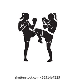 In a black silhouette, two girls wearing boxing gloves are shown in a sparring match, practicing their kicks while isolated on a transparent background.
