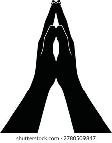 A black silhouette of two hands clasped together in prayer or supplication.