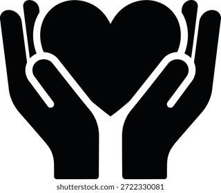Una silueta negra de dos manos que envuelve una forma de corazón negro contra un fondo blanco. Las manos están abiertas y parecen estar sosteniendo el corazón.