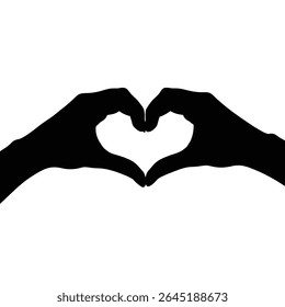Black silhouette of two hands forming a heart shape against a white background. Simple vector illustration.