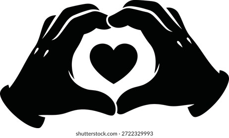 Silueta negra de dos manos que forman una forma de corazón alrededor de un símbolo de corazón negro sólido contra un fondo blanco.