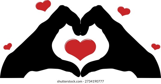 Silueta negra de dos manos formando un corazón con corazón rojo sin fondo.