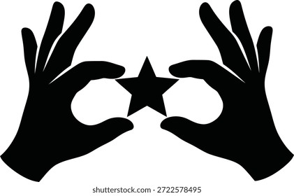 Eine schwarze Silhouette aus zwei Händen, die einen schwarzen, fünfzackigen Stern auf dunkelweißem Hintergrund umrahmt.