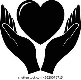 Silueta negra de dos manos acunando suavemente un corazón, simbolizando el cuidado, el amor y la protección.