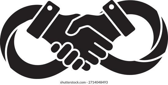 Black silhouette of two hands shaking, forming an infinity symbol. The graphic is simple and abstract.
