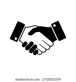 Black silhouette of two hands shaking, a minimalist design representing agreement and a distinctive flat style.