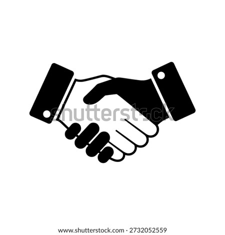 Black silhouette of two hands shaking, a minimalist design representing agreement and a distinctive flat style.