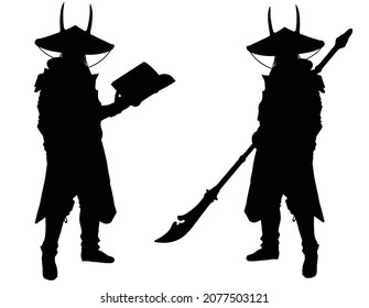 A black silhouette with two identical male warriors, they are wearing wide hats, they have horns and plate armor, one holds a thick book, and the other an oriental halberd naginata.  2d illustration