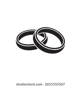 Black silhouette of two interlocked wedding rings on a white background, perfect for marriage icon, love symbol, anniversary design, or romantic vector artwork.