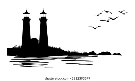 Black silhouette of two lighthouses on a rocky coast with flying seagulls over calm water, creating a peaceful maritime scene.