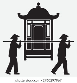 Black silhouette of two men carrying a traditional asian sedan chair with ornate roof and windows palanquin