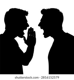 Black silhouette of two men facing each other, one with hands together as if pleading or explaining, the other shouting or expressing anger.