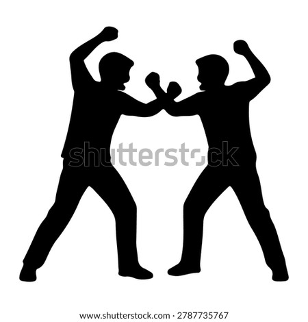 Black silhouette of two men in a fighting stance, fists raised, ready to fight. Represents conflict and aggression.