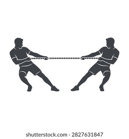 Black silhouette of two men playing tug of war, pulling a rope with strength and determination. Sports competition concept isolated on white.