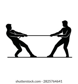 Black silhouette of two men pulling a rope during a tug of war game. Illustration of physical strength, teamwork, competition, and sports activity isolated on white background.