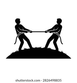Black silhouette of two men pulling a rope in a tug of war contest on a small grassy mound. Concept of competition, strength, and teamwork.