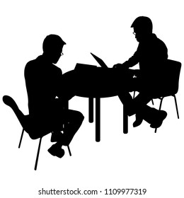 Black silhouette two men sitting behind computer, on a white background