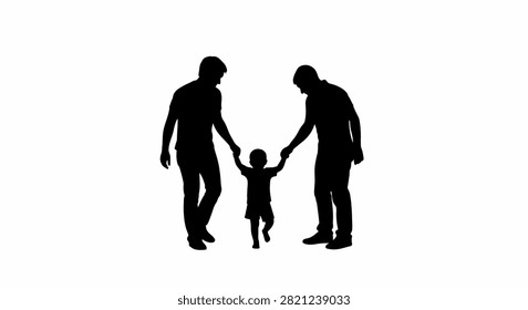 Black silhouette of two men walking and holding hands with a toddler on a white background