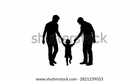 Black silhouette of two men walking and holding hands with a toddler on a white background