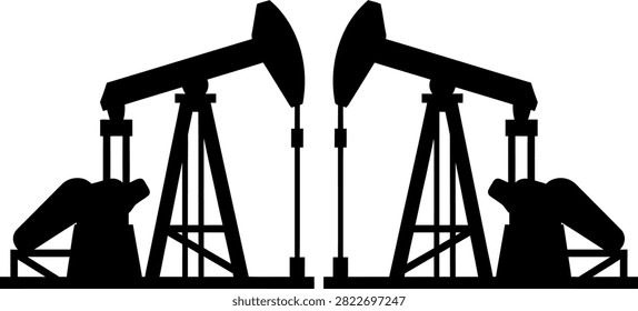 Black silhouette of two oil pump jacks operating in an oil field with petroleum industry extraction silhouette industrial