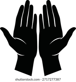 Silhueta preta de duas mãos humanas abertas, gesto de oração, oferecendo símbolo, sinal de paz, ícone espiritual, design vetorial mínimo, significado cultural, pose de reverência, palmas simétricas, ilustração religiosa.