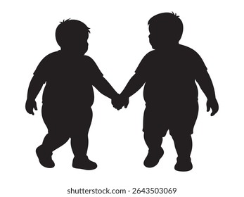 Black Silhouette of two overweight boys walking hand in hand, isolated on white background. concept of childhood, friendship, togetherness, kids, bonding, walking children, best friends.