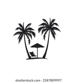 A black silhouette of two palm trees, a beach umbrella, and a lounge chair, creating a peaceful and tropical beach scene against a white background