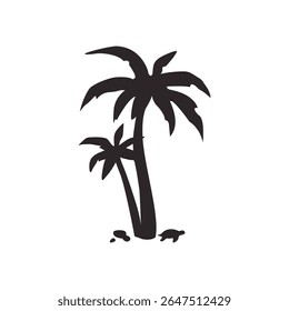 Black silhouette of two palm trees with stones and a turtle. Isolated hand drawn illustration on white background. Simple flat image for print, logo, poster. Palm icon.