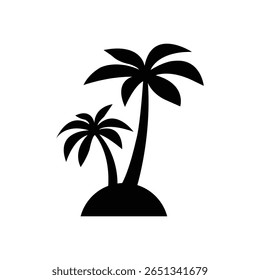 Black silhouette of two palm trees on a small island. Perfect for tropical, travel, summer, vacation, and beach-themed graphic design, usable in commercial projects with minimalist vector style.