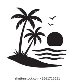 Uma silhueta preta de duas palmeiras em uma pequena ilha com um sol e três pássaros voando sobre água ondulada.