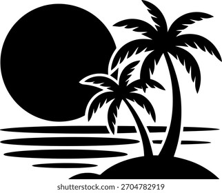 Black silhouette of two palm trees on an island with a large sun over water vector
