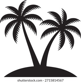Black silhouette of two palm trees on a tropical island against a transparent background