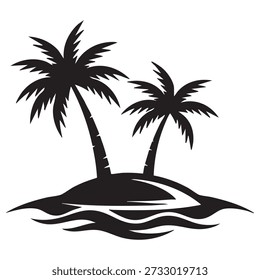 Silueta negra de dos palmeras en una Pequeña isla con agua ondulada en blanco y negro