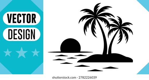 Black silhouette of two palm trees on a tropical island with a setting sun over the ocean